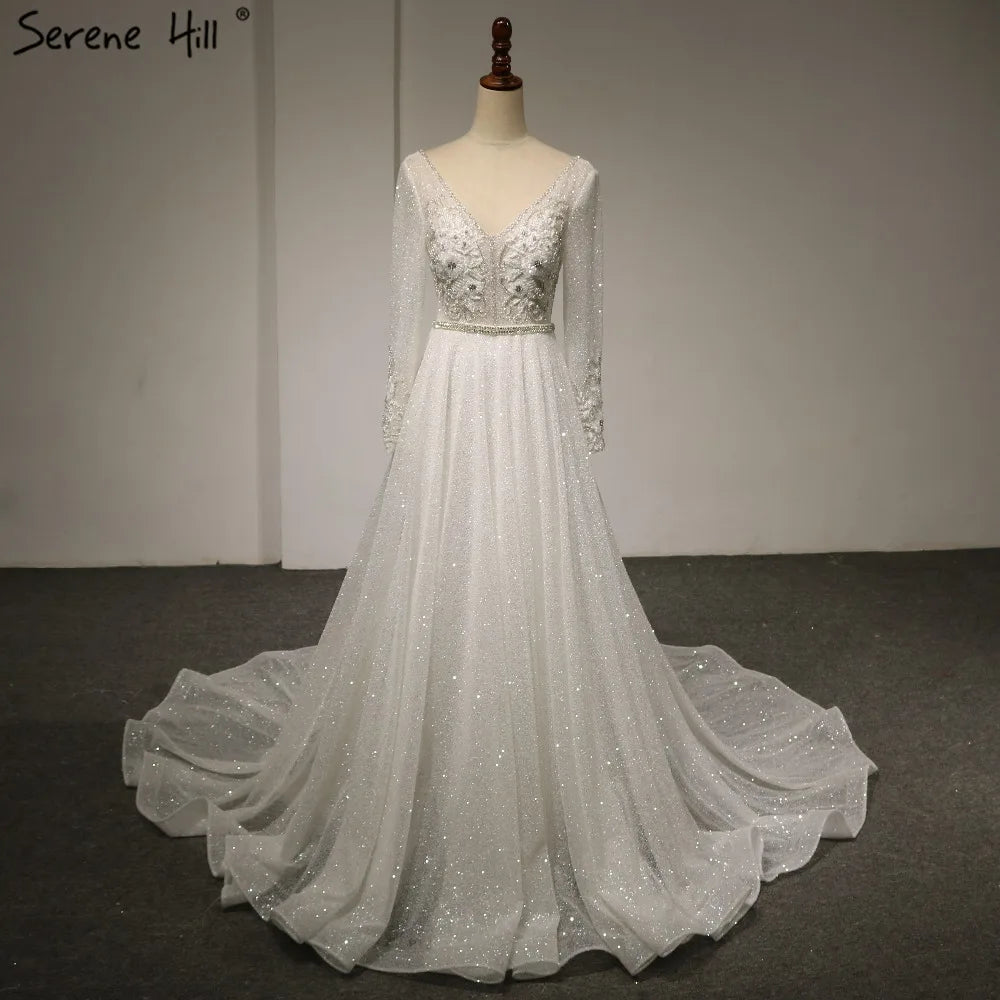 2024 V-Neck High-end Luxury Glitter Wedding Dress New Sleeveless Sequined Crystal Sexy Fashion Bridal Gown Real Photo HA2373