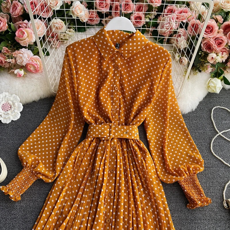 Women's Long Sleeve Polka Dot Pleated Dress Autumn Fashion Vintage Chiffon Casual Shirt Dresses Solid Chic Elegant Female Robe