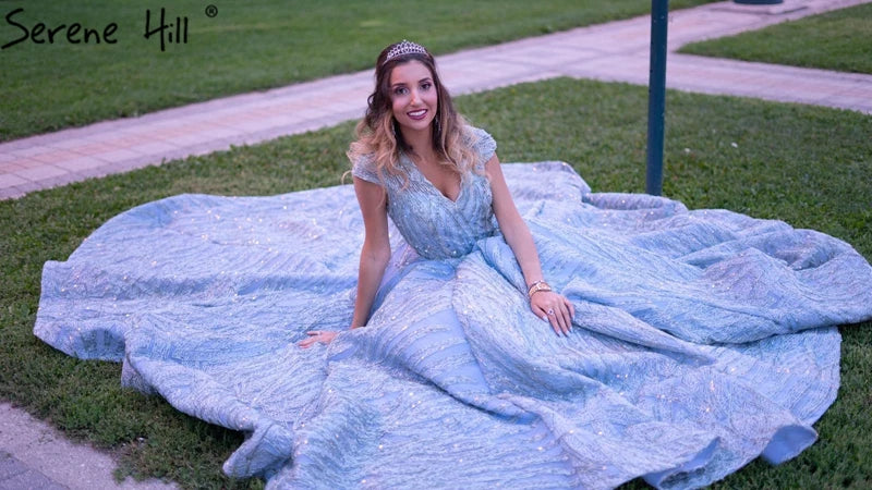 Clear Water Blue High Collar Evening Dresses 2024 Short Sleeve Lace Sequined Bridal Gowns Design Real Photo HM66981