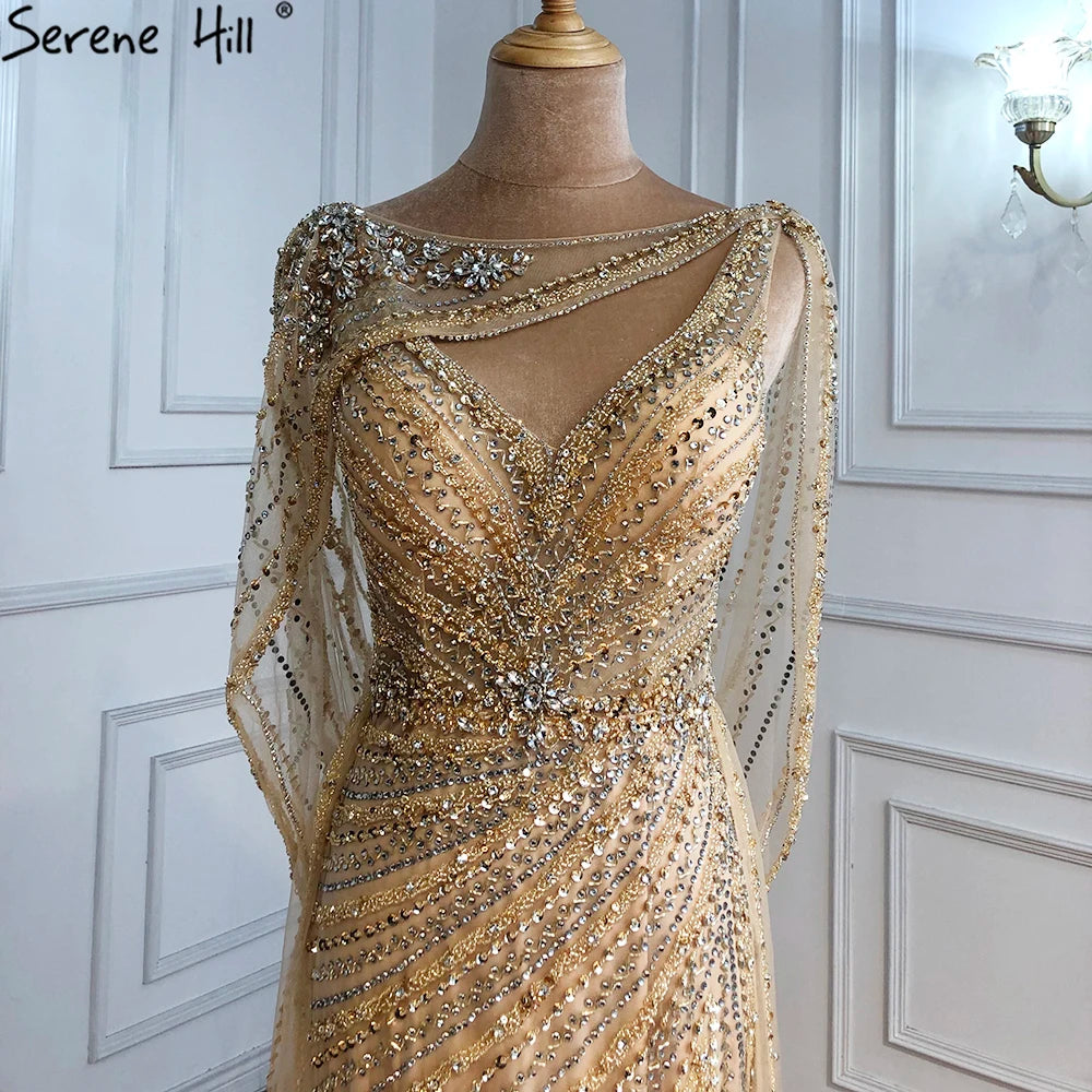 Luxury Champagne Split Evening Dresses 2024 Diamond Beaded Sleeveless Mermaid Formal Serene Hill LA70301