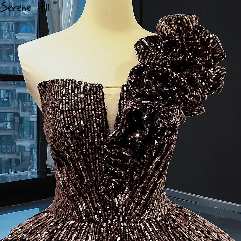 Dubai Brown Sequined Sleeveless Bling Wedding Dress 2024 One Shoulder Luxury Sexy Bridal Gowns HM66860 Cusotm Made