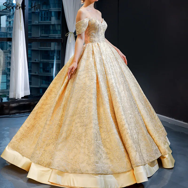 Gold Sexy Sleeveless Luxury Wedding Dresses Design 2024 Off Shoulder Satin Lace Up Bridal Gowns HM66938 Custom Made