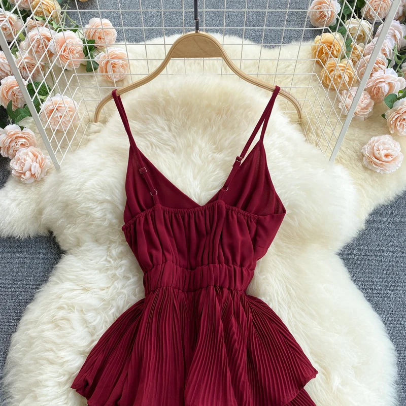 Women Beach Midi Dress 2021 New Summer Sexy V-neck Pleat Layer Ruffled Beach Dresses Ladies Elegant A Line Long Robe Vestido