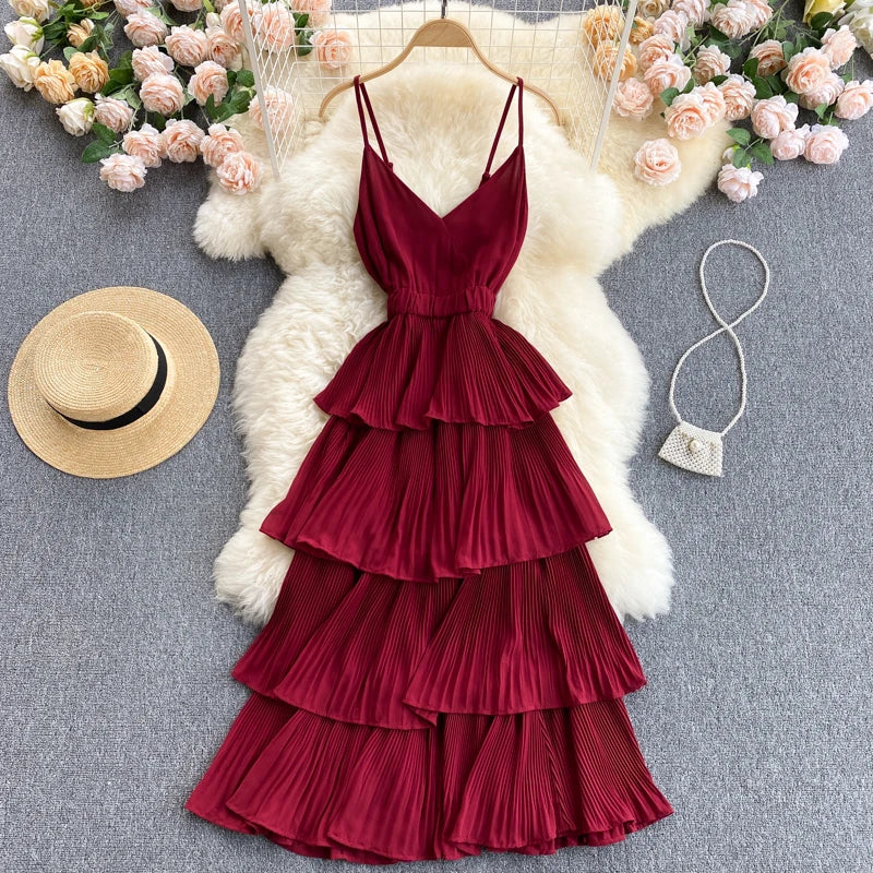 Women Beach Midi Dress 2021 New Summer Sexy V-neck Pleat Layer Ruffled Beach Dresses Ladies Elegant A Line Long Robe Vestido
