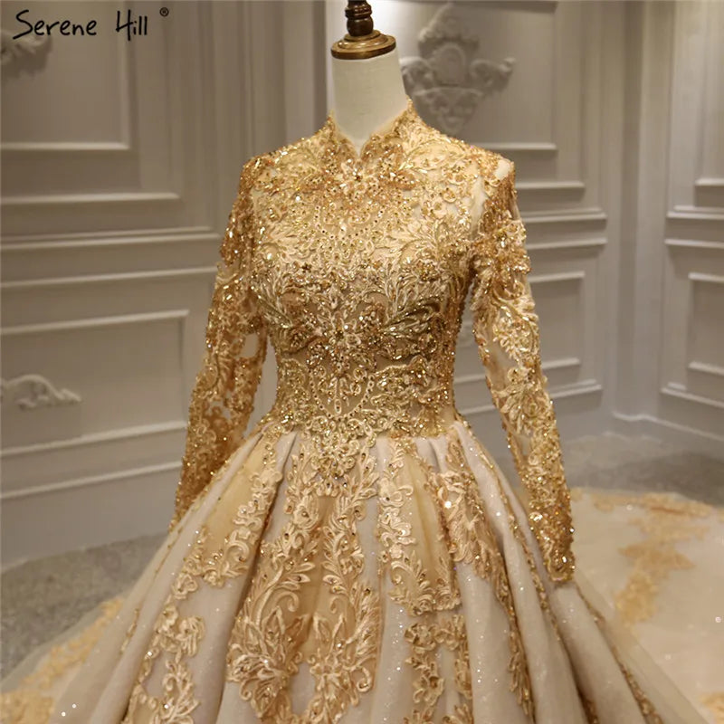 Gold Extreme Luxury Long Sleeves Wedding Dresses 2024 Handmade Flowers Sequined Vintage Bridal Gown HA2184 Custom Made