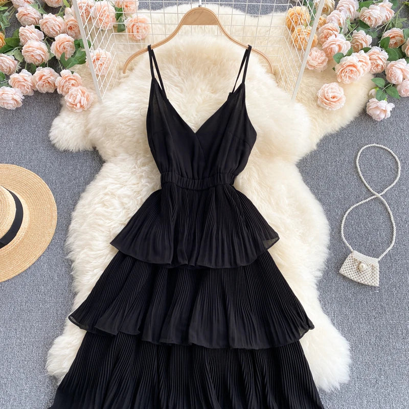 Women Beach Midi Dress 2021 New Summer Sexy V-neck Pleat Layer Ruffled Beach Dresses Ladies Elegant A Line Long Robe Vestido