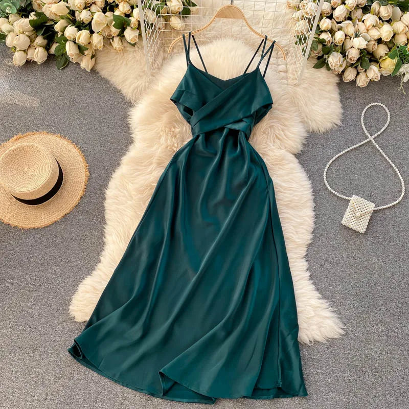 New Women Casual Long Dress Summer Cross V-neck Sexy Off-shoulder Dresses Ladies Sleeveless Slim Satin Long Robe Vestidos