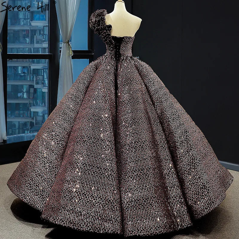 Dubai Brown Sequined Sleeveless Bling Wedding Dress 2024 One Shoulder Luxury Sexy Bridal Gowns HM66860 Cusotm Made