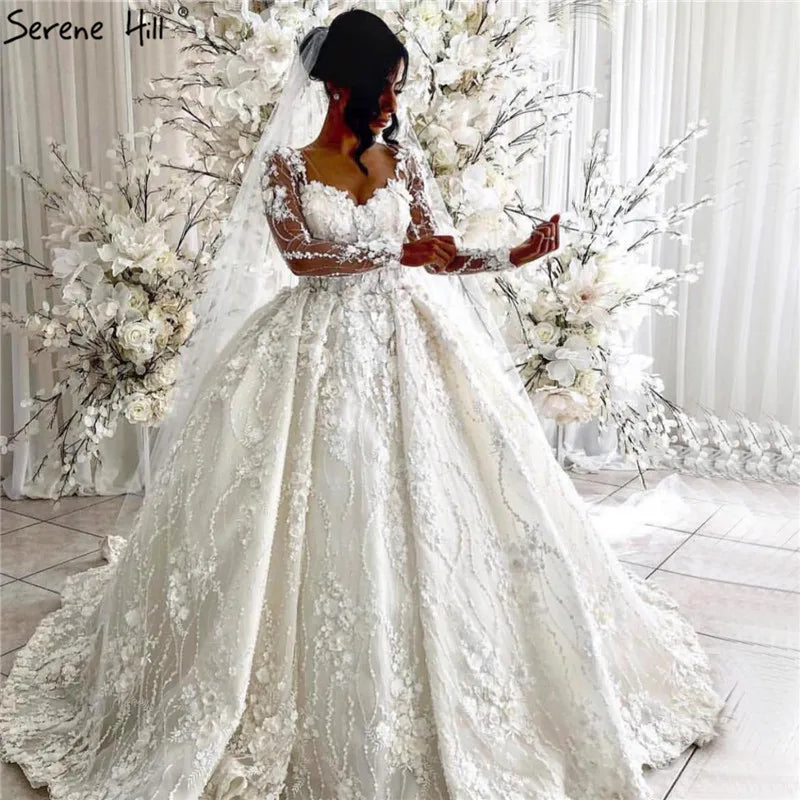 Ivory Long Sleeves Handmade Flowers Wedding Dresses 2024 Dubai O-Neck Vintage Princess Bridal Gowns HA2263 Custom Made