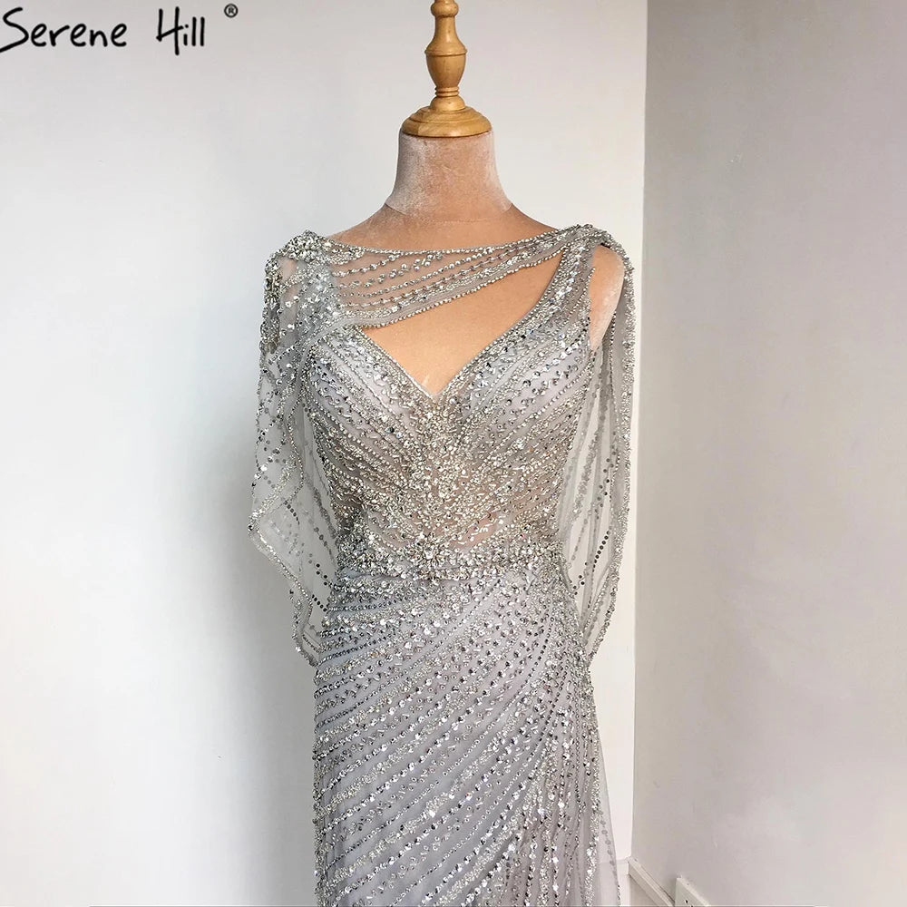 Luxury Champagne Split Evening Dresses 2024 Diamond Beaded Sleeveless Mermaid Formal Serene Hill LA70301