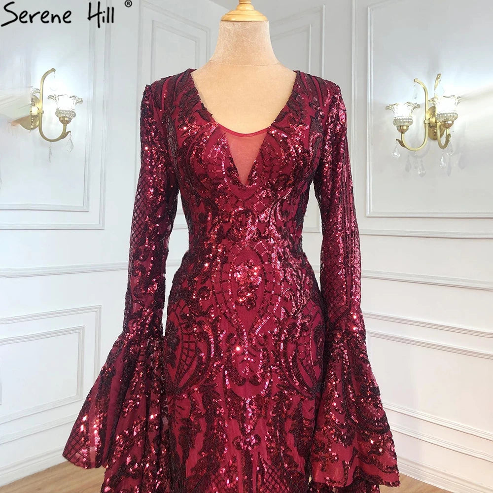 Dubai Design Wine Red Luxury Evening Dresses 2024 Sequined Long Sleeve Sparkle Fashion Bride Toasting Gowns HM66740