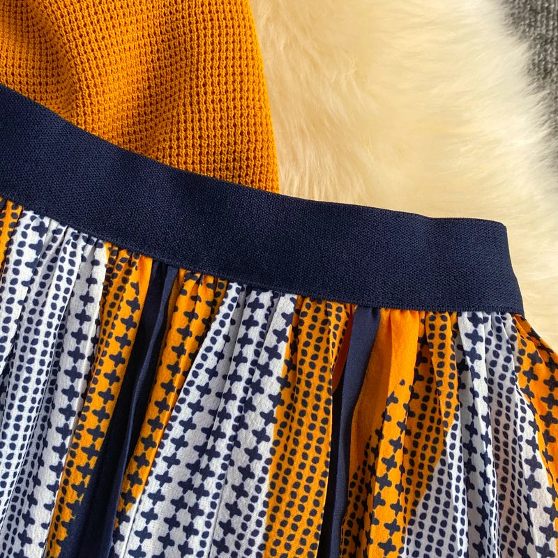 Pinkou Women Elegant Orange Blouse Set Short Sleeve Knitted Shirt Elastic Waist Midi Skirt Summer Two Piece Set Mujer TZ33