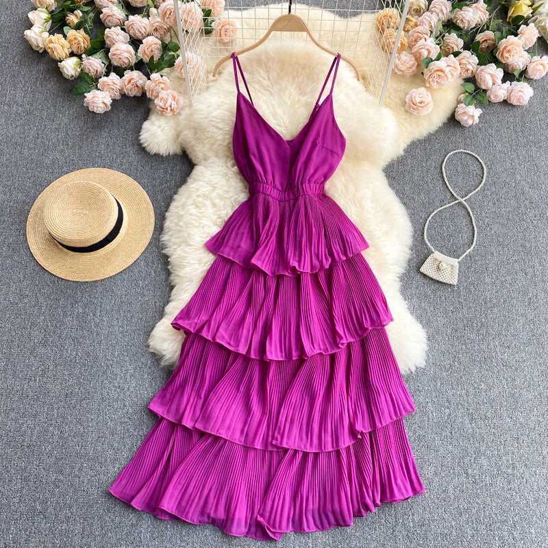 Women Beach Midi Dress 2021 New Summer Sexy V-neck Pleat Layer Ruffled Beach Dresses Ladies Elegant A Line Long Robe Vestido