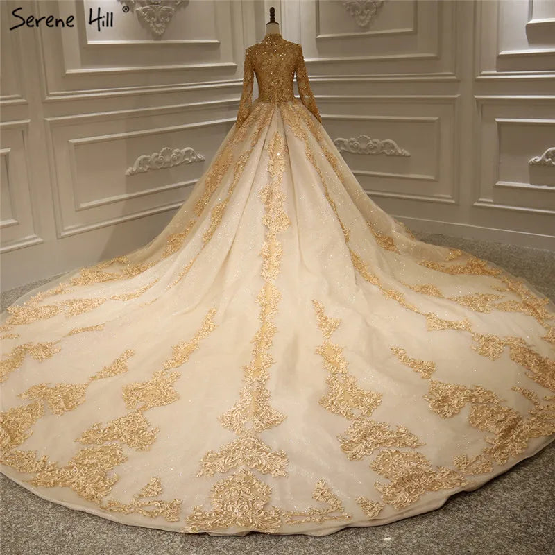 Gold Extreme Luxury Long Sleeves Wedding Dresses 2024 Handmade Flowers Sequined Vintage Bridal Gown HA2184 Custom Made