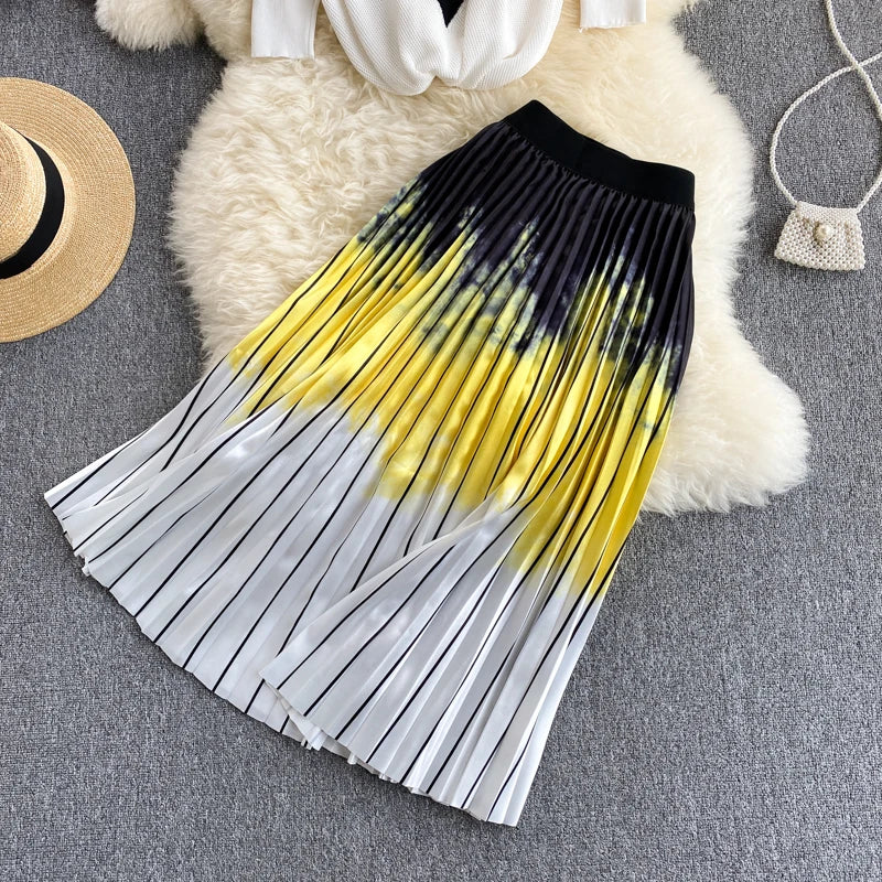 Pinkou Women Elegant Print Blouse Suit Short Sleeve Knitted Shirt Elastic Waist Midi Pleated Skirt Office Summer Chic Set TZ22