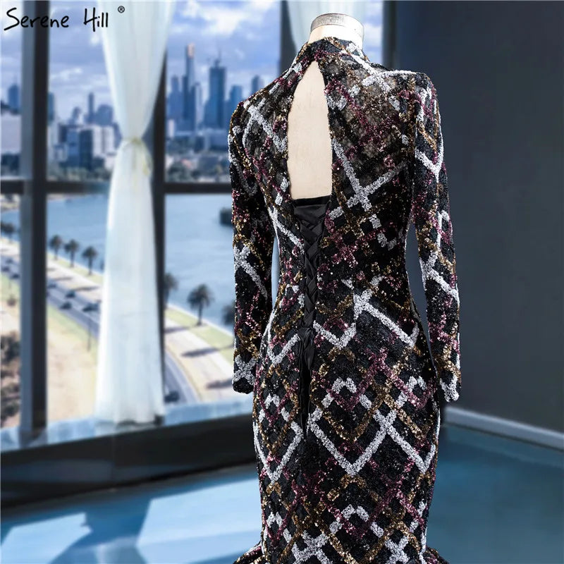 Dubai Black Colorful Sequins Wedding Dresses 2024 Long Sleeve Luxury Mermaid Wedding Gowns HM67018 Custom Made