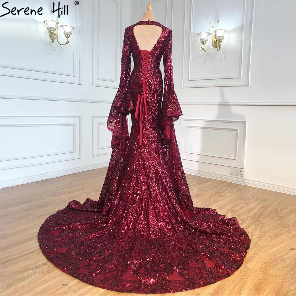 Dubai Design Wine Red Luxury Evening Dresses 2024 Sequined Long Sleeve Sparkle Fashion Bride Toasting Gowns HM66740