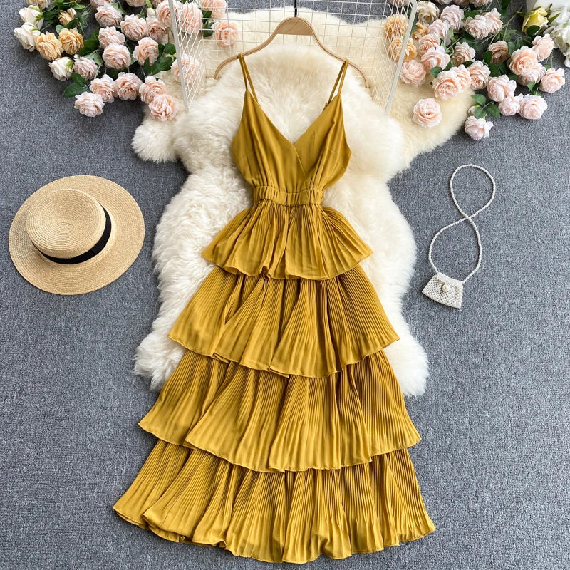 Women Beach Midi Dress 2021 New Summer Sexy V-neck Pleat Layer Ruffled Beach Dresses Ladies Elegant A Line Long Robe Vestido