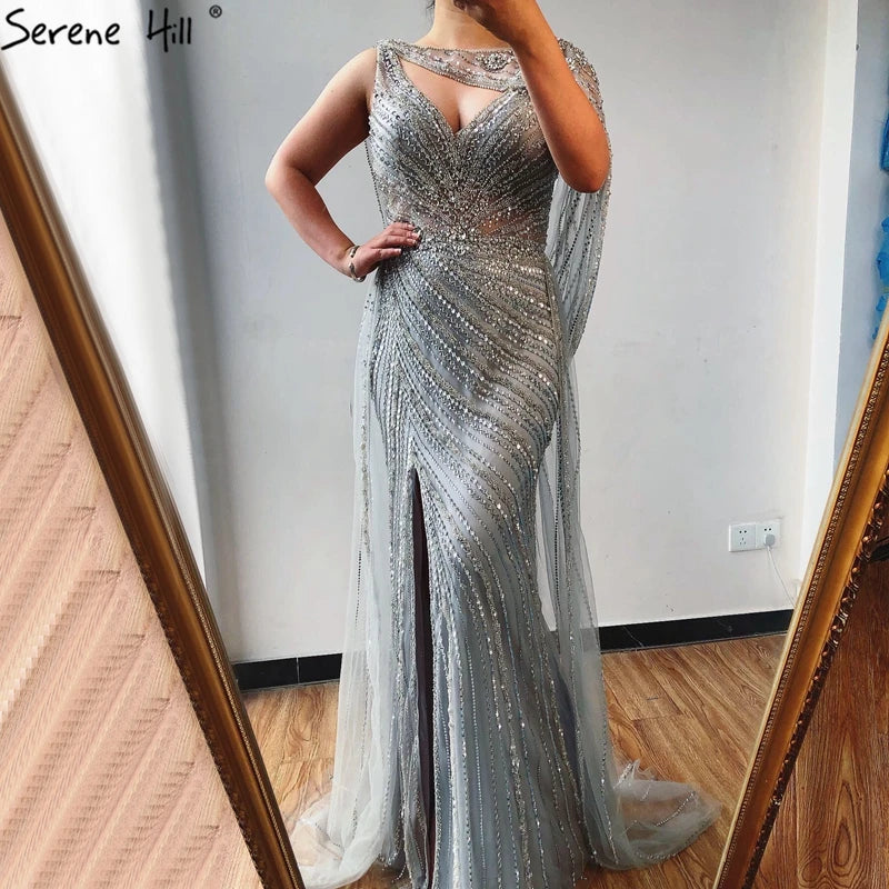 Luxury Champagne Split Evening Dresses 2024 Diamond Beaded Sleeveless Mermaid Formal Serene Hill LA70301