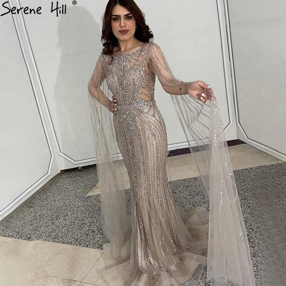 Serene Hill Brown Mermaid Elegant 2024 With Cape Sleeves Beaded Luxury Evening Dresses Gowns For Women Party LA70638