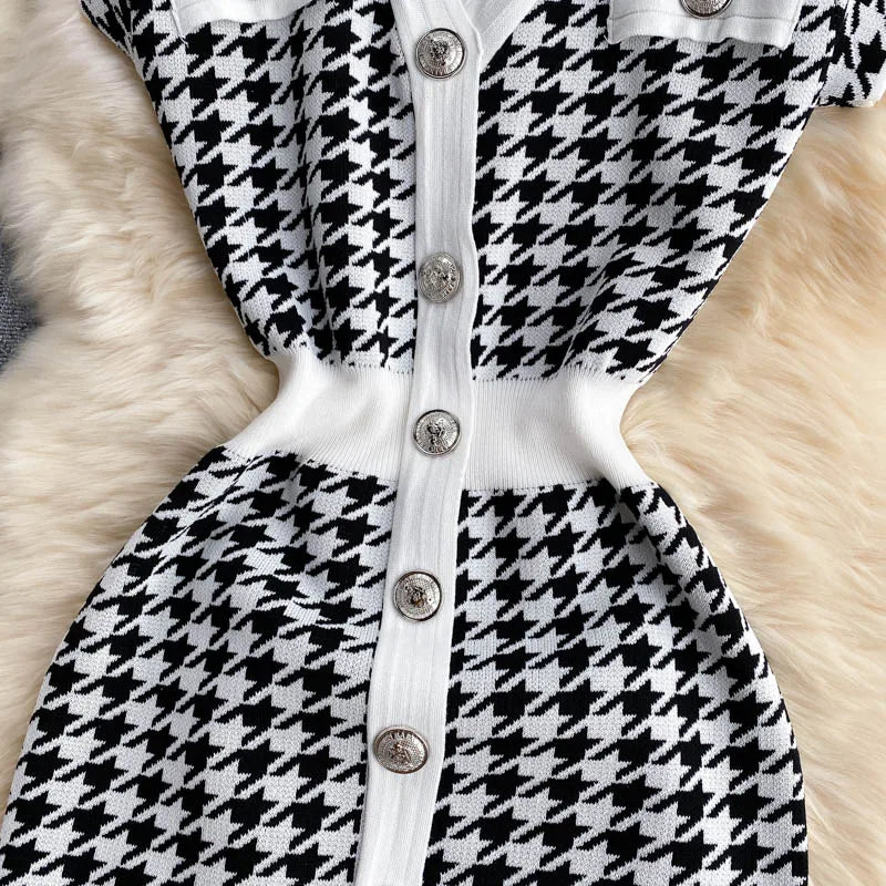 Pinkou Women Stylish Houndstooth Tweed Dress Short Sleeve Pockets Stretchy Slim Dresses V Neck Sheath Midi Vestidos QA52