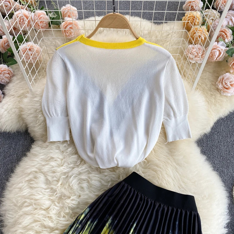 Pinkou Women Elegant Print Blouse Suit Short Sleeve Knitted Shirt Elastic Waist Midi Pleated Skirt Office Summer Chic Set TZ22