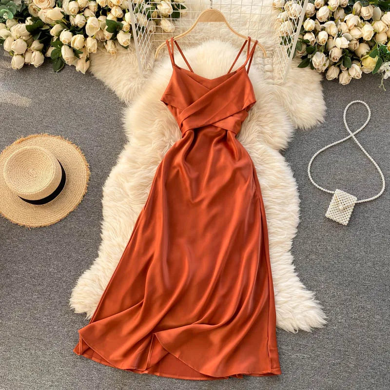 New Women Casual Long Dress Summer Cross V-neck Sexy Off-shoulder Dresses Ladies Sleeveless Slim Satin Long Robe Vestidos