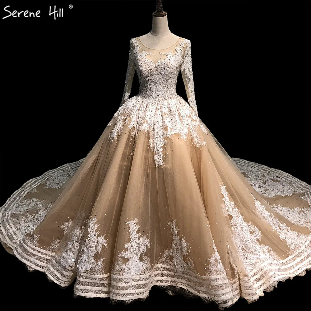 Dubai Champagne Long Sleeves Luxury Wedding Dresses 2024 Handmade Flowers Sequined Bridal Gowns HA2222 Custom Made