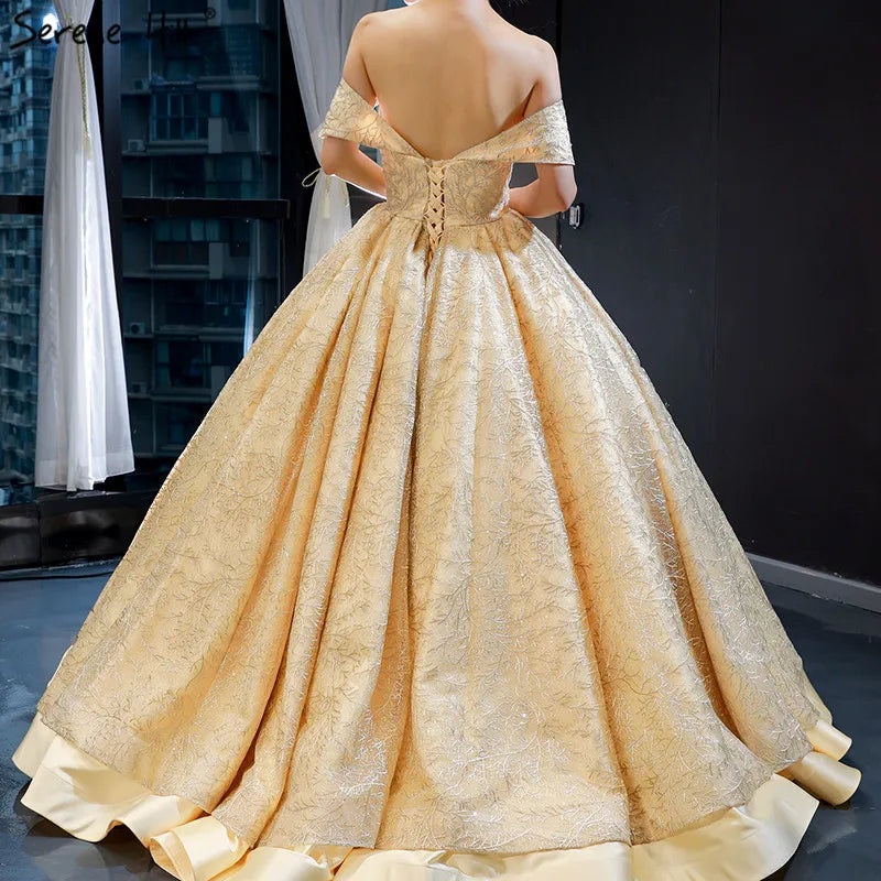 Gold Sexy Sleeveless Luxury Wedding Dresses Design 2024 Off Shoulder Satin Lace Up Bridal Gowns HM66938 Custom Made