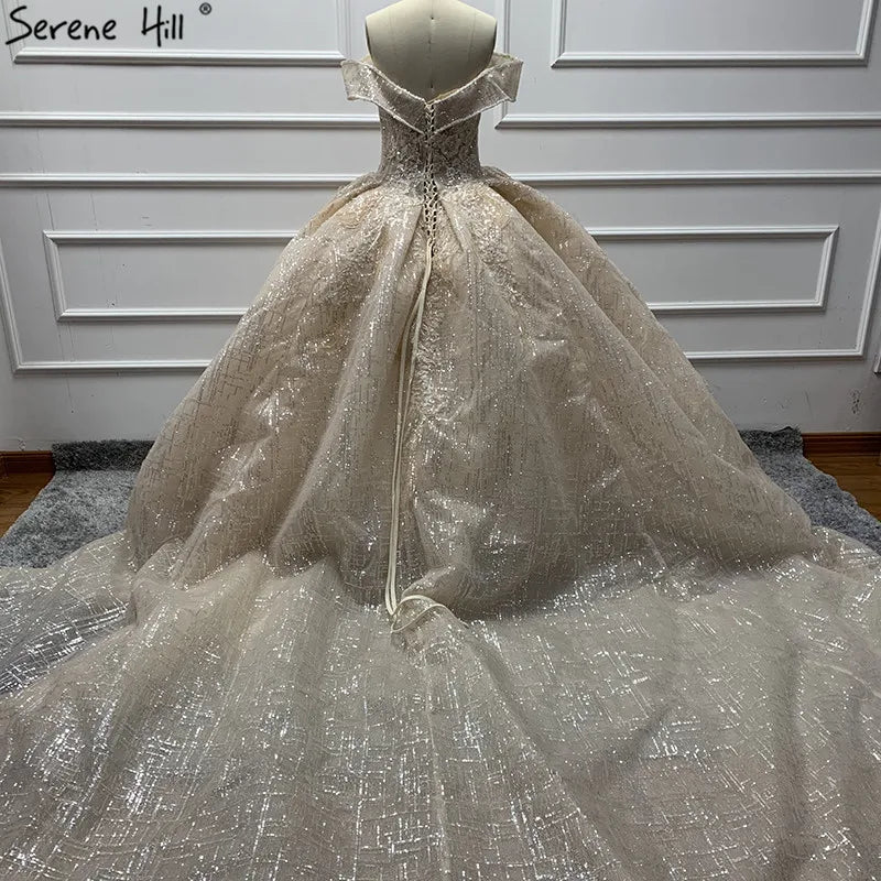 Ivory Off Shoulder Vintage Sexy Wedding Dresses 2024 Sequined Sparkle Sleeveless Luxury Bride Gown Real Photo HA2226 Custom Made