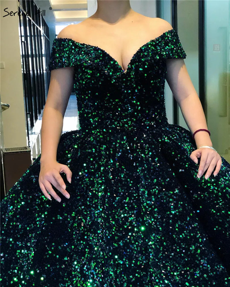Dubai Sweetheart Sexy Green Luxury Wedding Dresses 2024 Sequined Off Shoulder Bridal Gowns Serene Hill HM66991 Custom Made