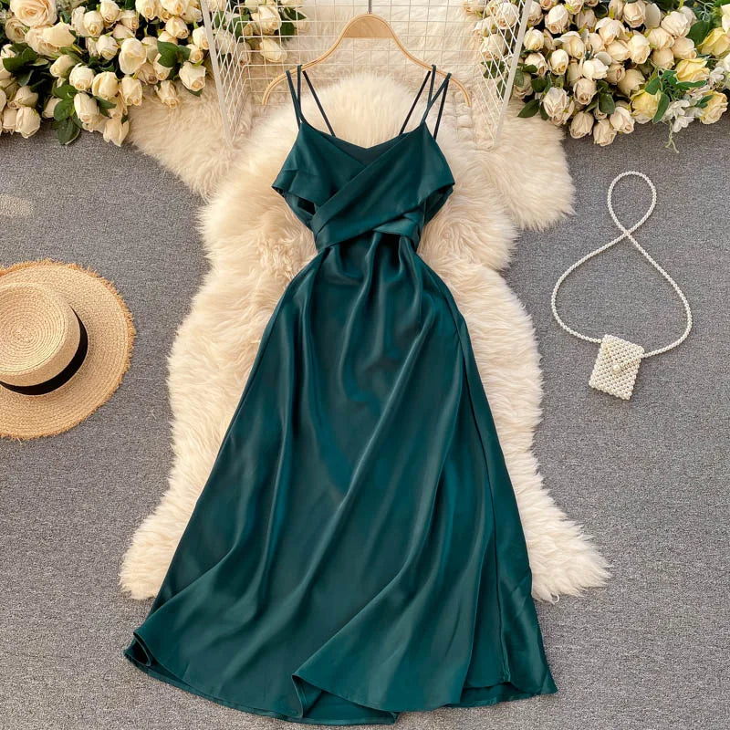 New Women Casual Long Dress Summer Cross V-neck Sexy Off-shoulder Dresses Ladies Sleeveless Slim Satin Long Robe Vestidos