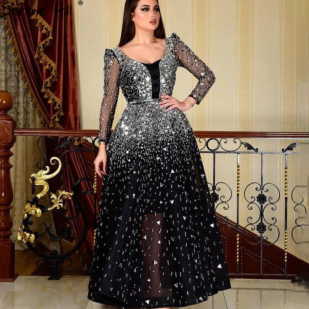 Serene Hill Muslim Black A-Line Evening Dresses Gowns 2024 Sequined Beaded Luxury For Woman Wedding Party LA71214