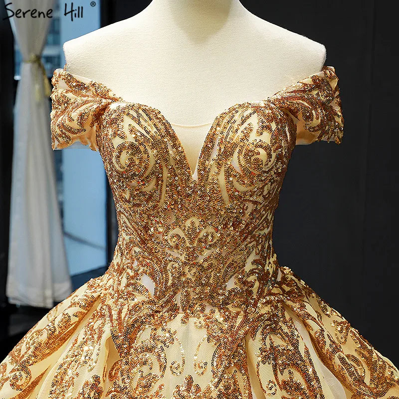 Dubai Luxury Sleeveless Gold Princess Wedding Dress 2024 Off Shoulder Sequine High-end Sexy Bridal Gowns HM66709
