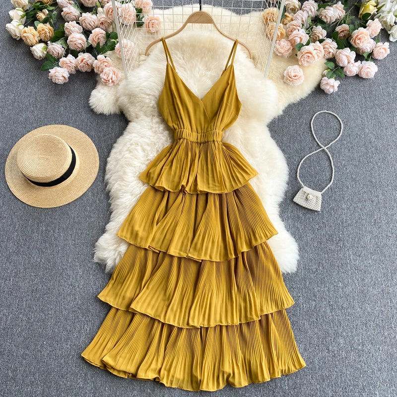 Women Beach Midi Dress 2021 New Summer Sexy V-neck Pleat Layer Ruffled Beach Dresses Ladies Elegant A Line Long Robe Vestido