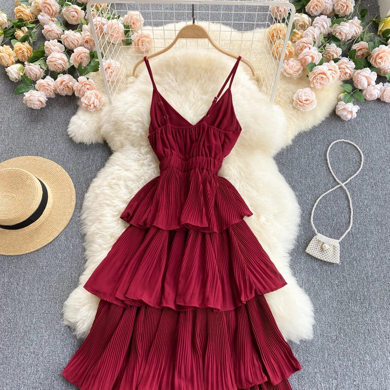 Women Beach Midi Dress 2021 New Summer Sexy V-neck Pleat Layer Ruffled Beach Dresses Ladies Elegant A Line Long Robe Vestido