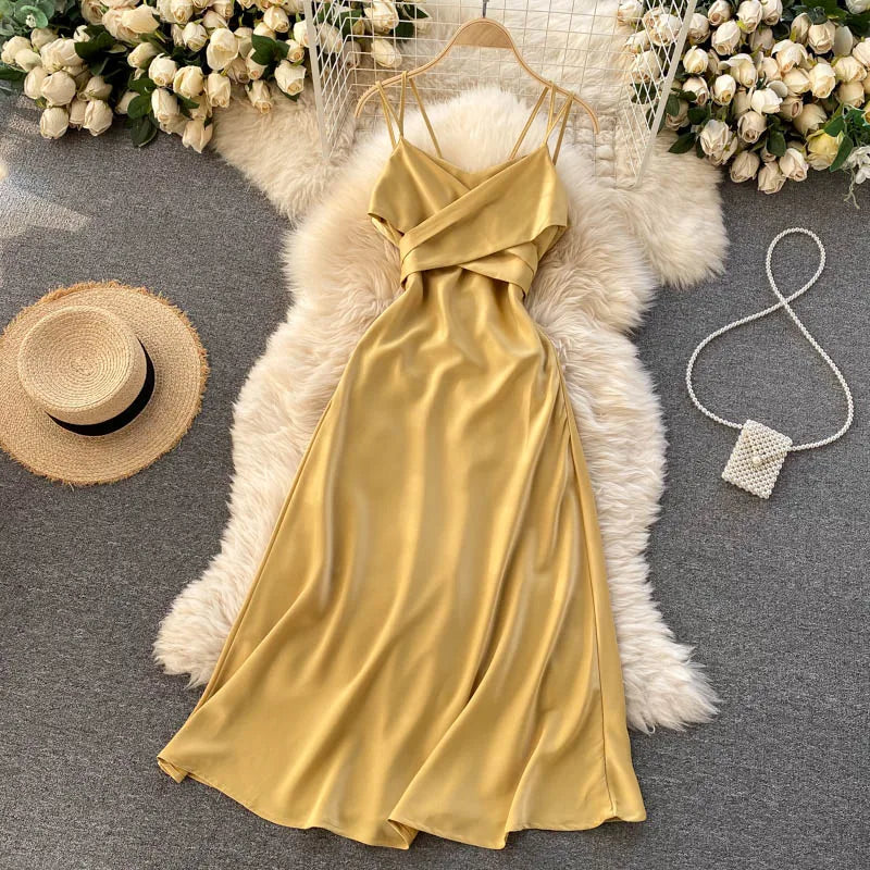 New Women Casual Long Dress Summer Cross V-neck Sexy Off-shoulder Dresses Ladies Sleeveless Slim Satin Long Robe Vestidos
