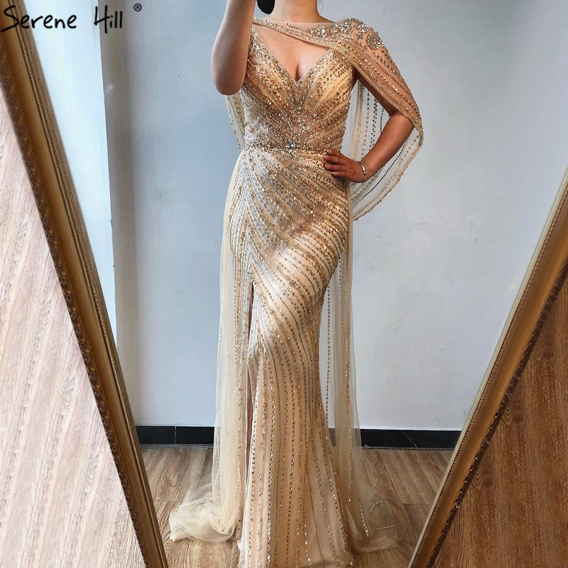 Luxury Champagne Split Evening Dresses 2024 Diamond Beaded Sleeveless Mermaid Formal Serene Hill LA70301