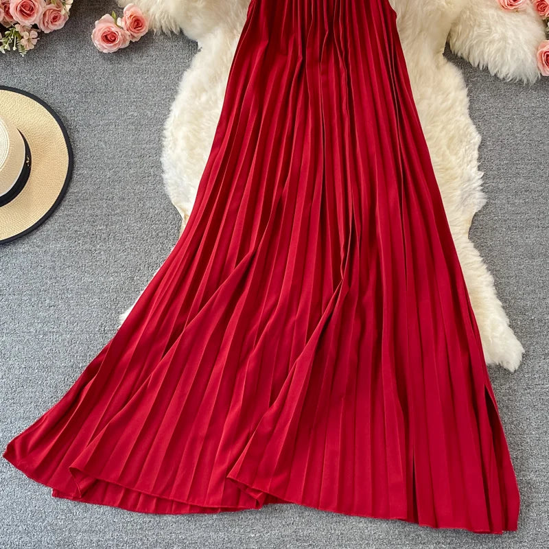 Pinkou Women Stylish Solid Midi Dress Spaghetti Straps O Neck Pleated Red Black Summer Beach Style Mid Calf Dresses QA655