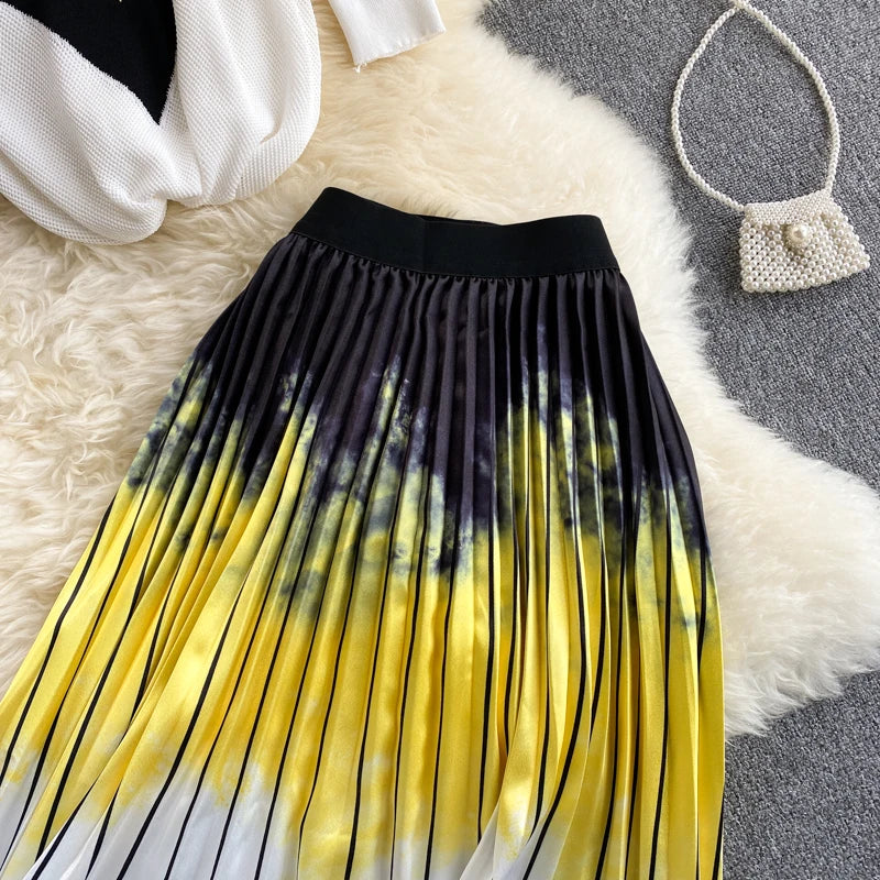 Pinkou Women Elegant Print Blouse Suit Short Sleeve Knitted Shirt Elastic Waist Midi Pleated Skirt Office Summer Chic Set TZ22