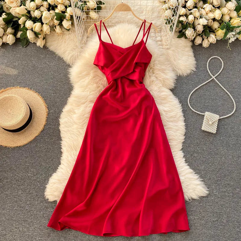 New Women Casual Long Dress Summer Cross V-neck Sexy Off-shoulder Dresses Ladies Sleeveless Slim Satin Long Robe Vestidos