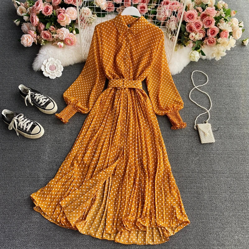 Women's Long Sleeve Polka Dot Pleated Dress Autumn Fashion Vintage Chiffon Casual Shirt Dresses Solid Chic Elegant Female Robe