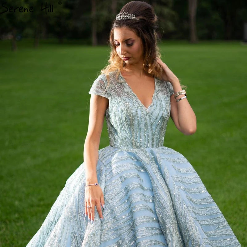 Clear Water Blue High Collar Evening Dresses 2024 Short Sleeve Lace Sequined Bridal Gowns Design Real Photo HM66981