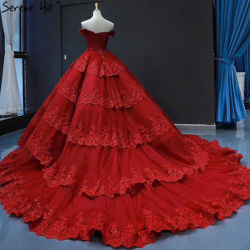 Wine Red Lace Tiered Vintage High-end Sexy Wedding Dress 2024 Off Shoulder Bridal Gowns Real Photo HM66786 Custom Made