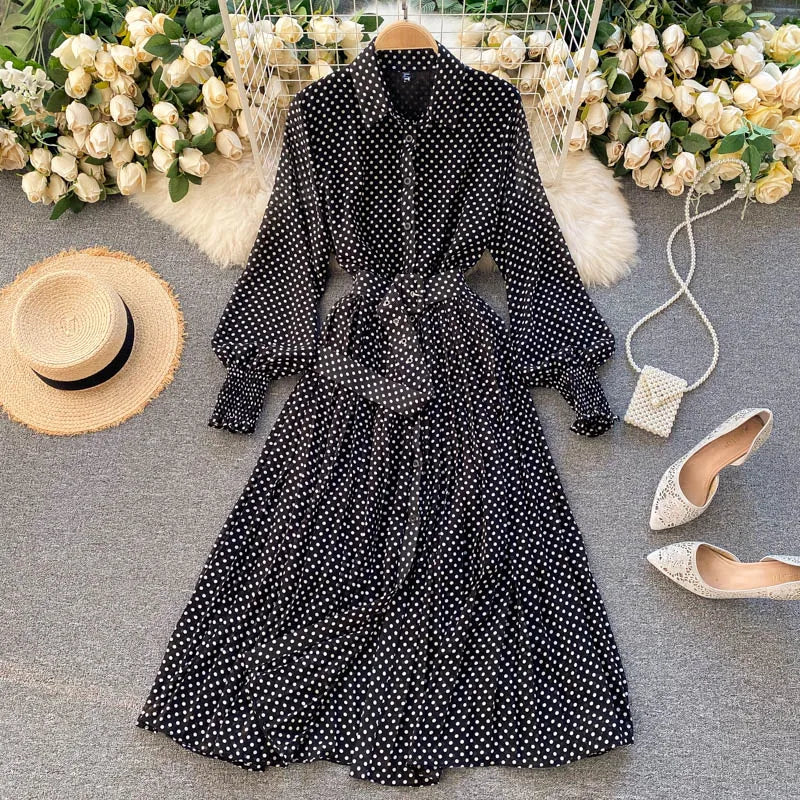 Women's Long Sleeve Polka Dot Pleated Dress Autumn Fashion Vintage Chiffon Casual Shirt Dresses Solid Chic Elegant Female Robe
