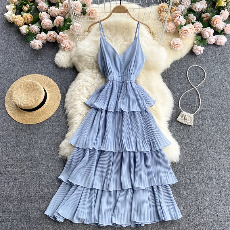 Women Beach Midi Dress 2021 New Summer Sexy V-neck Pleat Layer Ruffled Beach Dresses Ladies Elegant A Line Long Robe Vestido