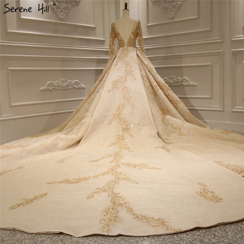 Gold Extreme Luxury Long Sleeves Wedding Dresses 2024 Handmade Flowers Sequined Vintage Bridal Gown HA2184 Custom Made