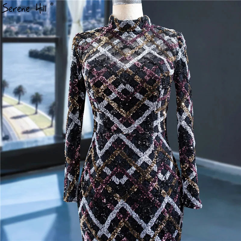 Dubai Black Colorful Sequins Wedding Dresses 2024 Long Sleeve Luxury Mermaid Wedding Gowns HM67018 Custom Made