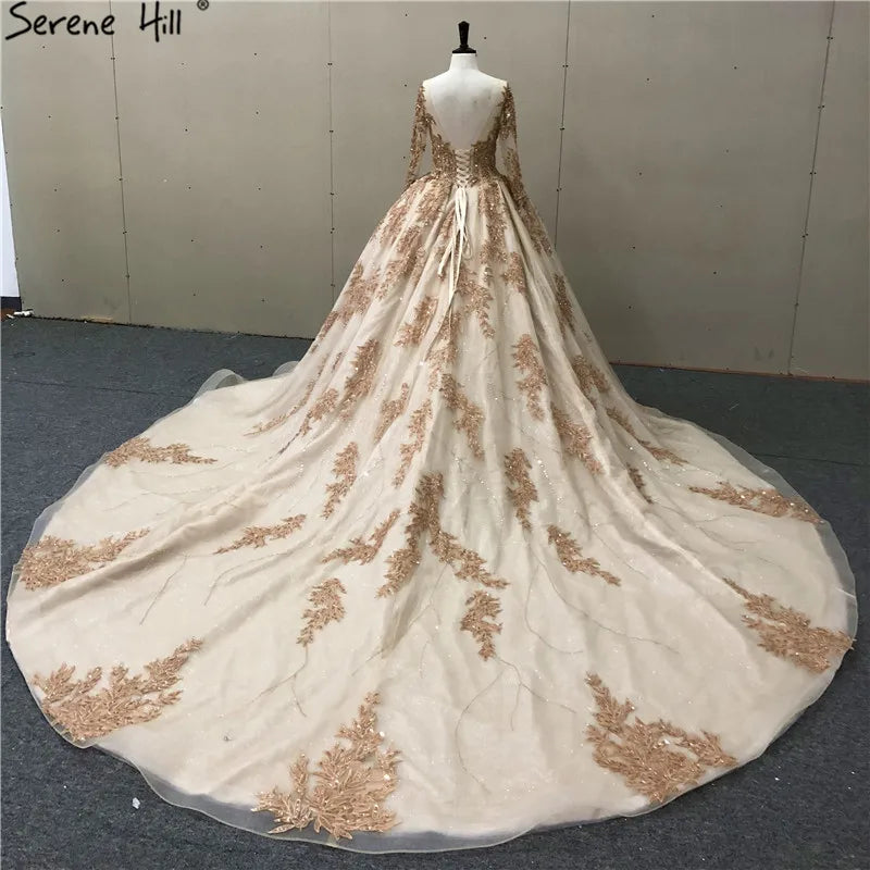 Gold Extreme Luxury Long Sleeves Wedding Dresses 2024 Handmade Flowers Sequined Vintage Bridal Gown HA2184 Custom Made