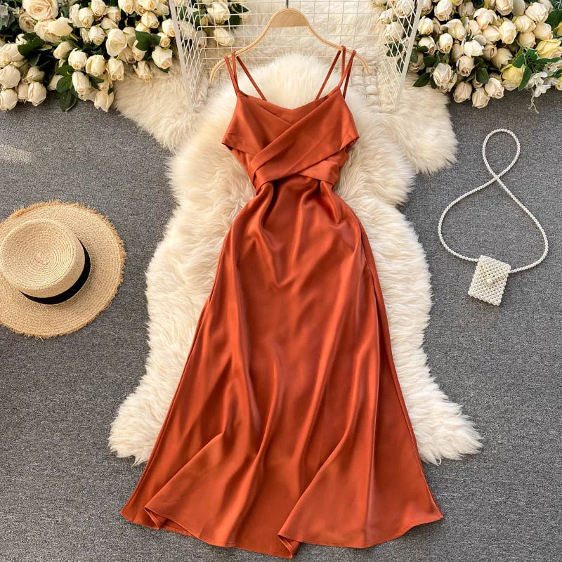 New Women Casual Long Dress Summer Cross V-neck Sexy Off-shoulder Dresses Ladies Sleeveless Slim Satin Long Robe Vestidos